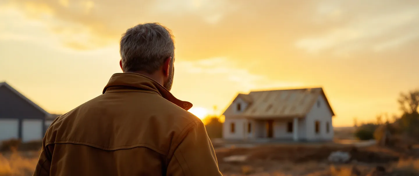 A business owner watching his crew frame a house at sunset