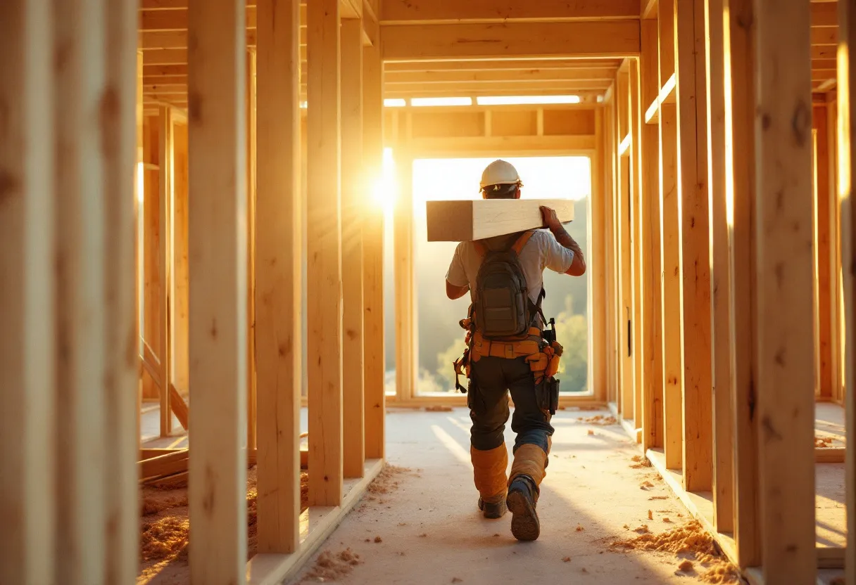 Carpenter carrying lumber through house framing at golden hour