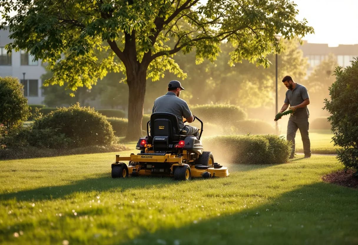 Landscaping crew mowing and trimming an office campus in the morning