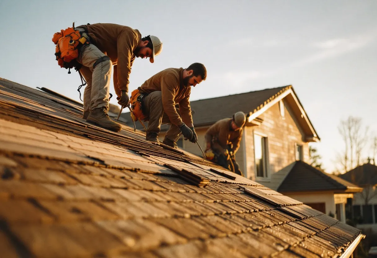 Roofing crew installing shingles in warm evening light